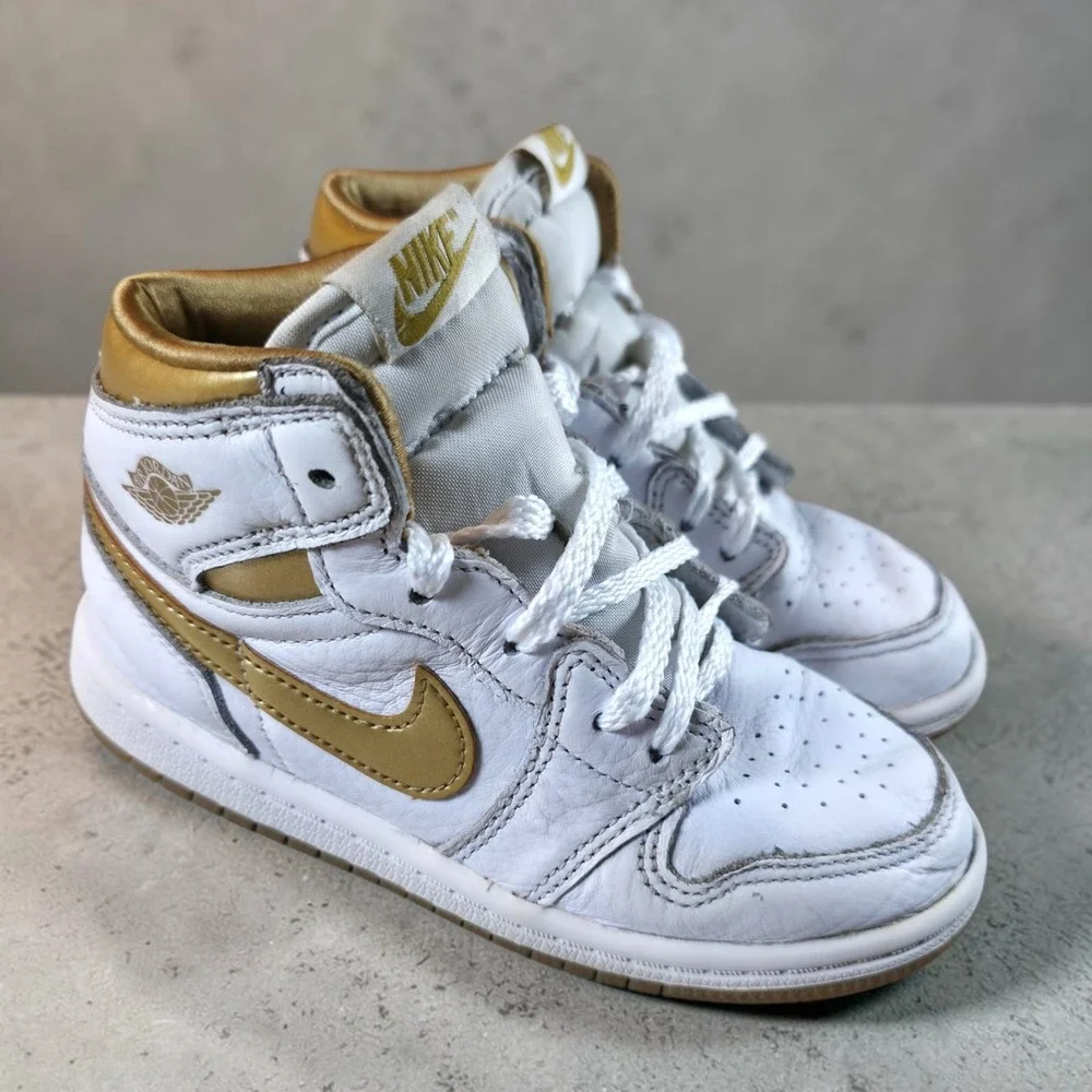 Jordan 1 Retro High OG Shoes Toddler Size 10 C White Metallic Gold FD2598-107